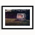Abstract art print of a colorful, textured caravan scene on a large framed canvas, ideal for living room decor.