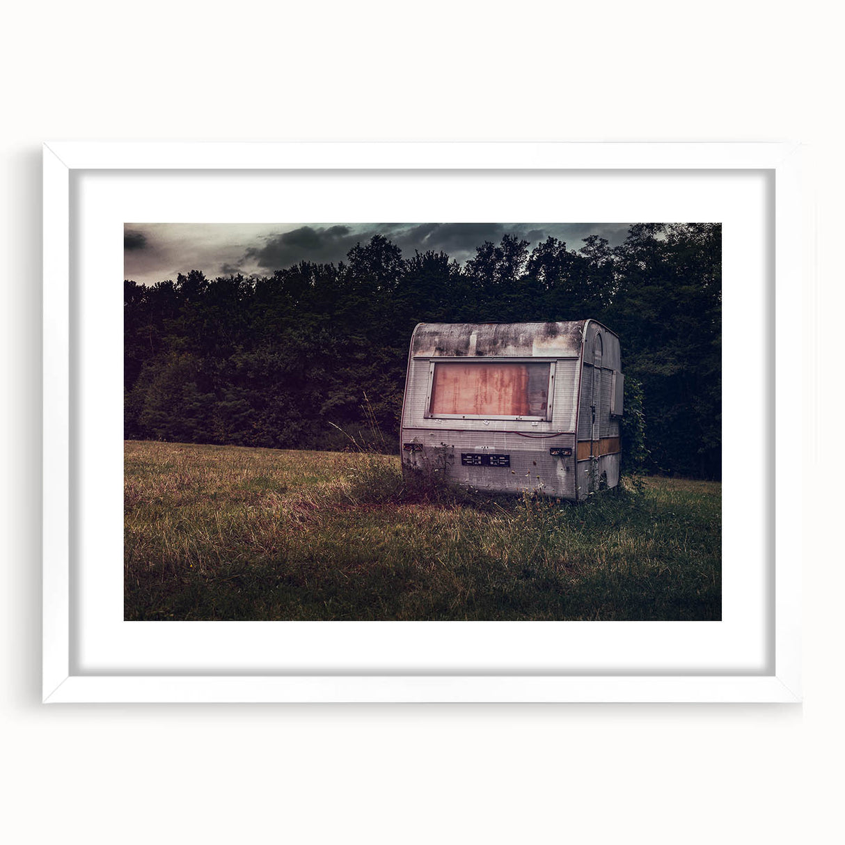 Extra large abstract art print featuring a textured caravan design in neutral tones, framed in white.
