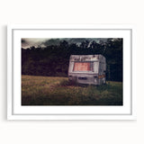 Extra large abstract art print featuring a textured caravan design in neutral tones, framed in white.