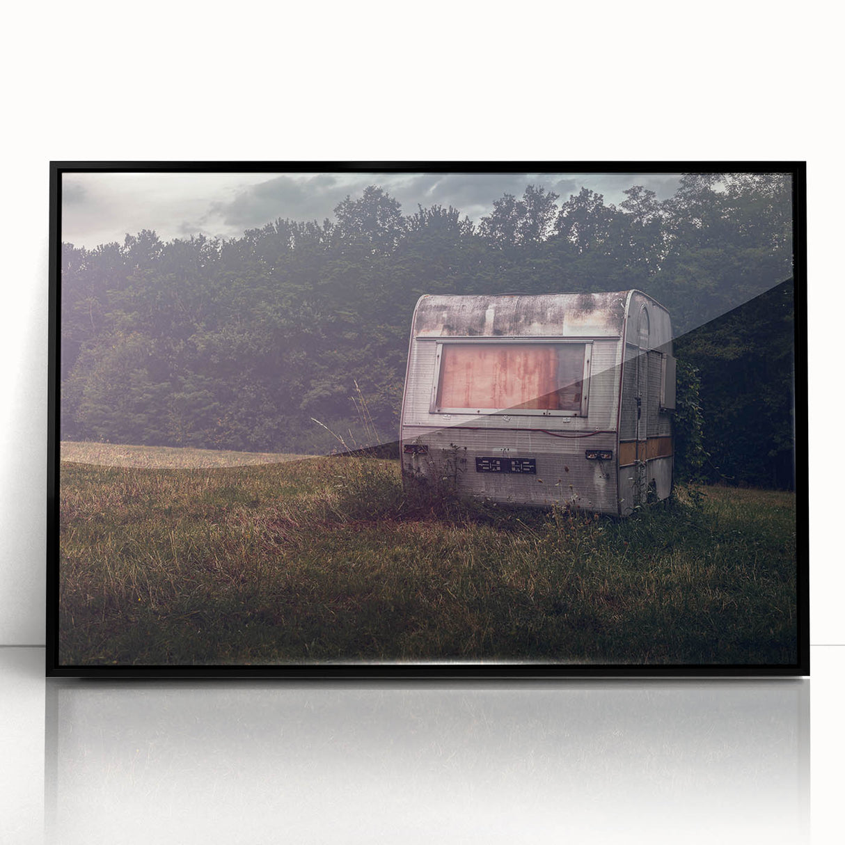 Large abstract wall art featuring a mid-century modernist caravan design in black and white tones, framed acrylic.