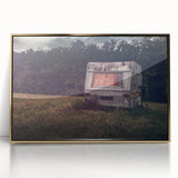 Mid-century modernist art featuring a caravan in muted gold tones on a framed acrylic, ideal for nursery wall decor.