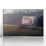 Mid-century modernist style caravan illustration in pastel colors on a framed acrylic, ideal for nursery wall art.