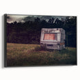 Black and white framed canvas of a vintage caravan in a landscape setting, suitable for bedroom wall decor.