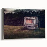 Vintage poster art of a colorful caravan on a black background, framed canvas, ideal for living room decor.