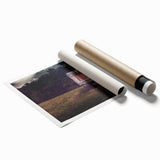 Extra large rolled print featuring a vintage caravan in muted earth tones, ideal for classy bathroom wall art.