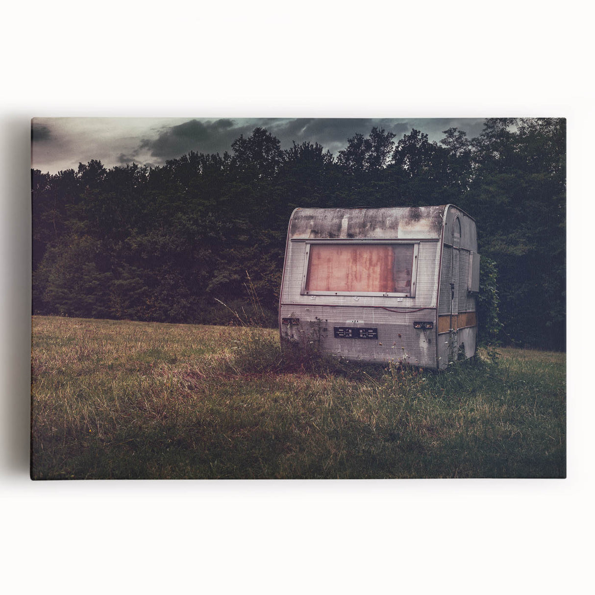 Black and white illustration of a caravan on stretched canvas, ideal for kitchen wall art.