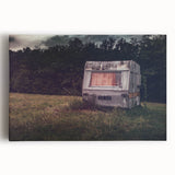 Black and white illustration of a caravan on stretched canvas, ideal for kitchen wall art.