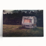 Black and white photo of a vintage caravan on stretched canvas, ideal for kitchen wall art.