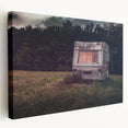Side view of a vintage caravan print in muted pastel tones on stretched canvas, suitable for kitchen wall art.