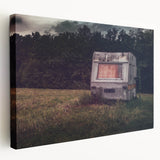 Side view of a vintage caravan print in muted pastel tones on stretched canvas, suitable for kitchen wall art.