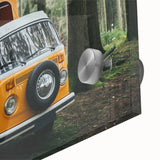 Large abstract wall art featuring a caravan in mid-century modernist style on acrylic glass, suitable for dining room decor.