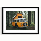 Abstract art print featuring a colorful, textured caravan design in a black frame.