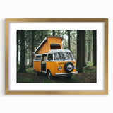 Textured abstract art print of a caravan in muted earth tones on a framed canvas, suitable for bedroom decor.