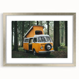 Abstract art print featuring a colorful caravan in pastel shades on a framed silver mat, suitable for dining room decor.