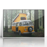 Mid-century modernist caravan art in muted colors on white acrylic, ideal for nursery wall decor.