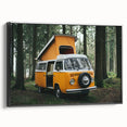 Black and white framed canvas featuring a vintage caravan in a landscape, ideal for bedroom wall decor.