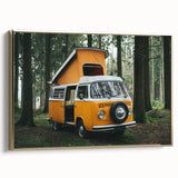 Framed canvas featuring a vintage caravan in a desert landscape, rendered in muted earth tones.