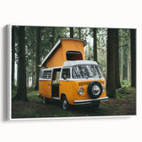 Framed canvas featuring a vintage caravan in a landscape setting, rendered in black and white, ideal for bedroom wall art.