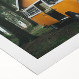 Art deco poster of a vintage caravan in muted beige and brown tones on rolled canvas, suitable for dining room decor.