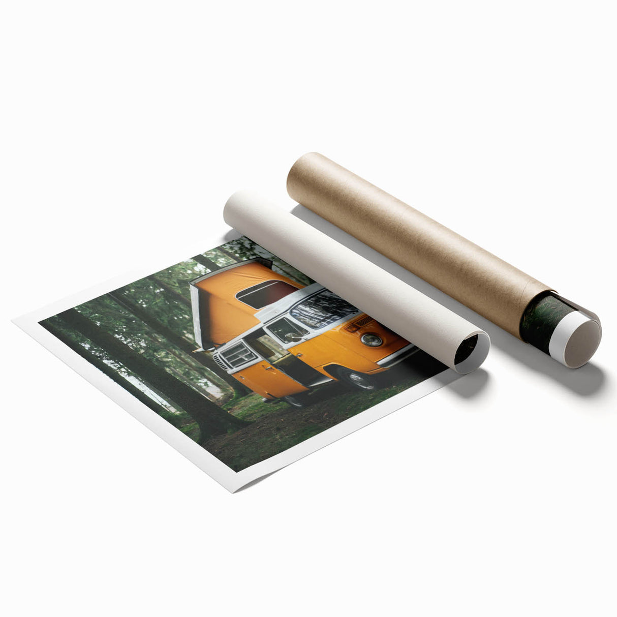 Extra large rolled print featuring a vintage caravan in muted earth tones, ideal for classy bathroom wall art.