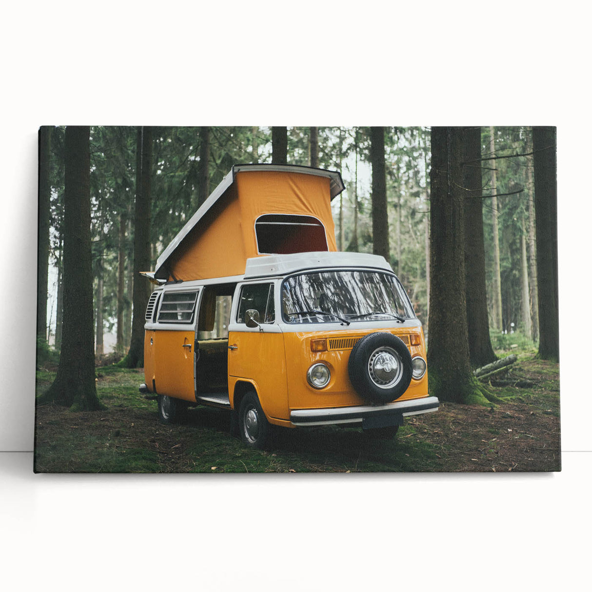 Black and white stretched canvas of a caravan in a minimalist style, suitable as kitchen wall art or for bedroom decor.