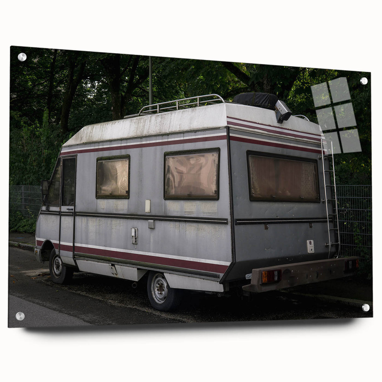 Acrylic print of a caravan in muted earth tones, suitable for bedroom or dining room decor.
