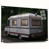 Acrylic print of a caravan in muted earth tones, suitable for bedroom or dining room decor.
