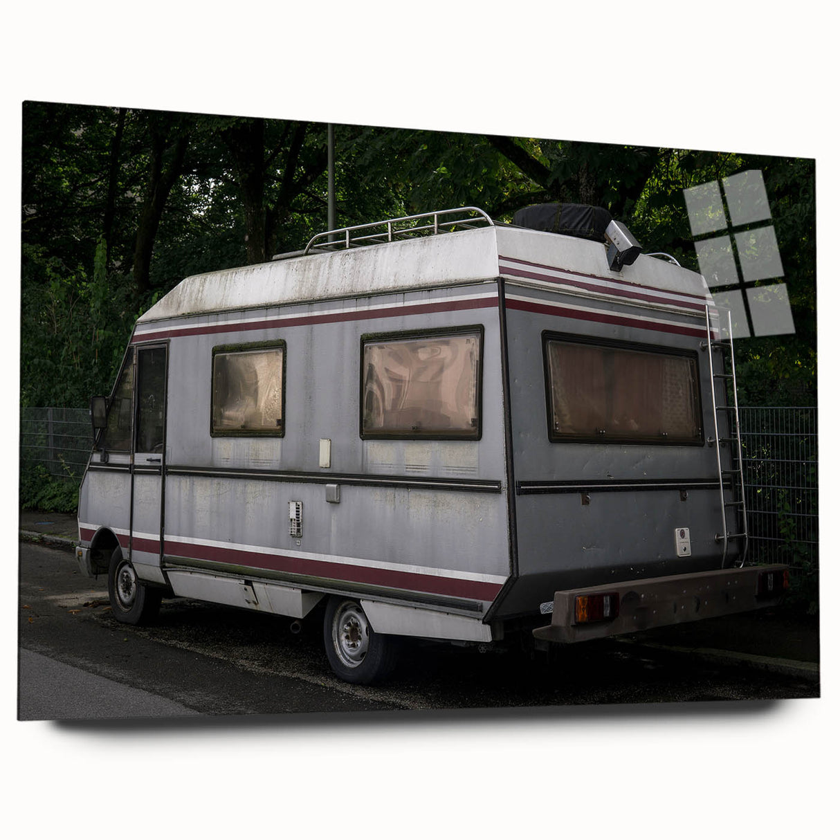 Side view of a large abstract caravan design in muted earth tones on acrylic glass, suitable for bedroom or dining room art.