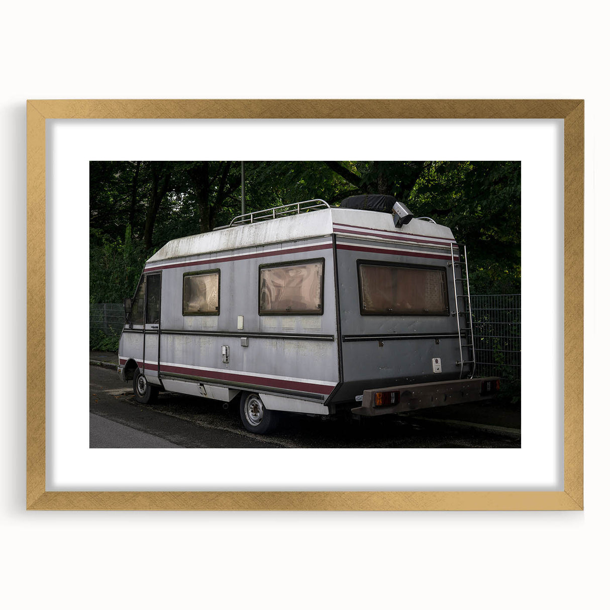 Textured art print of an abstract caravan in muted earth tones on a framed canvas, suitable for bedroom decor.