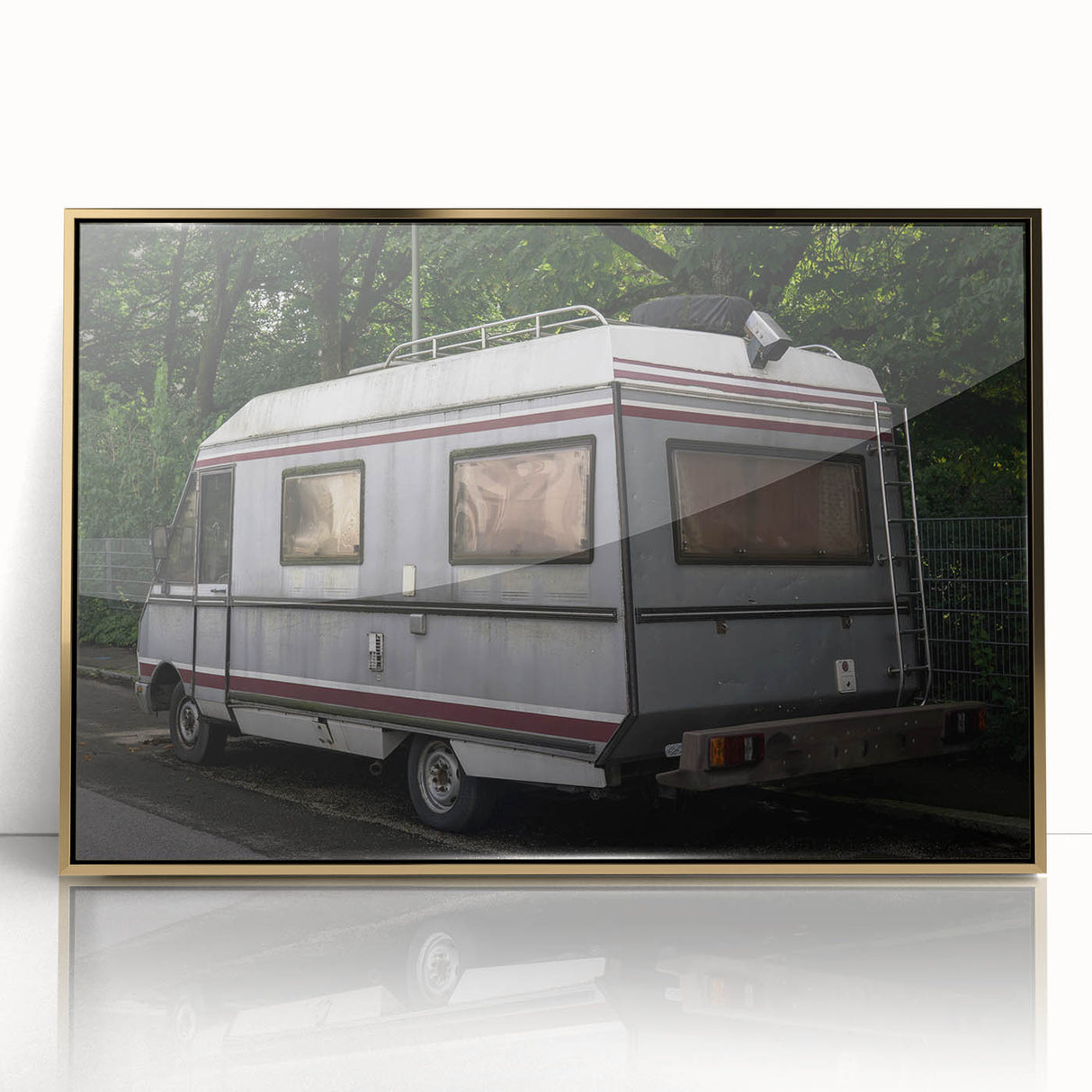 Mid-century modernist art of a caravan in muted earth tones on a framed acrylic, ideal for nursery wall decor.