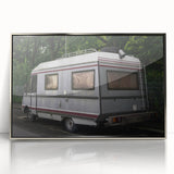 Art deco poster of a vintage caravan in monochrome tones on a silver-framed acrylic, ideal for nursery wall art.