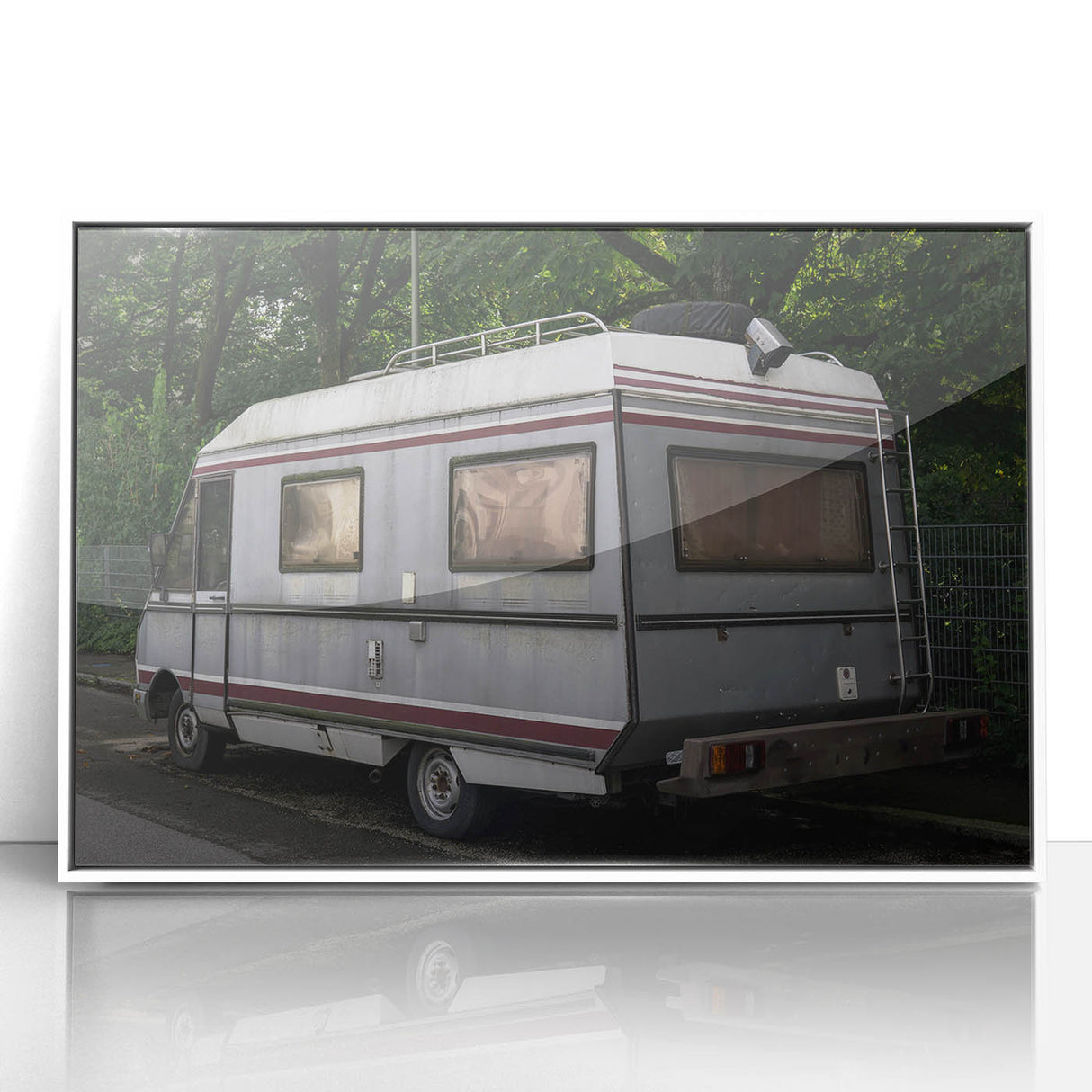 Mid-century modernist caravan depicted in muted colors on a white acrylic framed print, suitable for nursery wall decor.