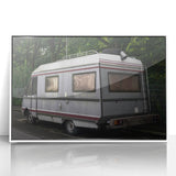 Mid-century modernist caravan depicted in muted colors on a white acrylic framed print, suitable for nursery wall decor.