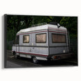 Black and white framed canvas of a vintage caravan in a landscape setting, ideal for bedroom wall art.