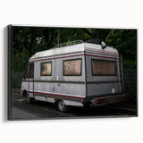 Black and white framed canvas of a vintage caravan in a landscape setting, ideal for bedroom wall art.