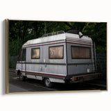 Framed canvas featuring a vintage caravan in a colorful landscape, ideal for decorating a living room or hallway.