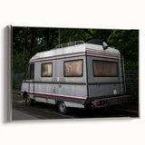 Vintage poster art of a caravan in colorful hues on a black background, framed canvas, suitable for living room decor.
