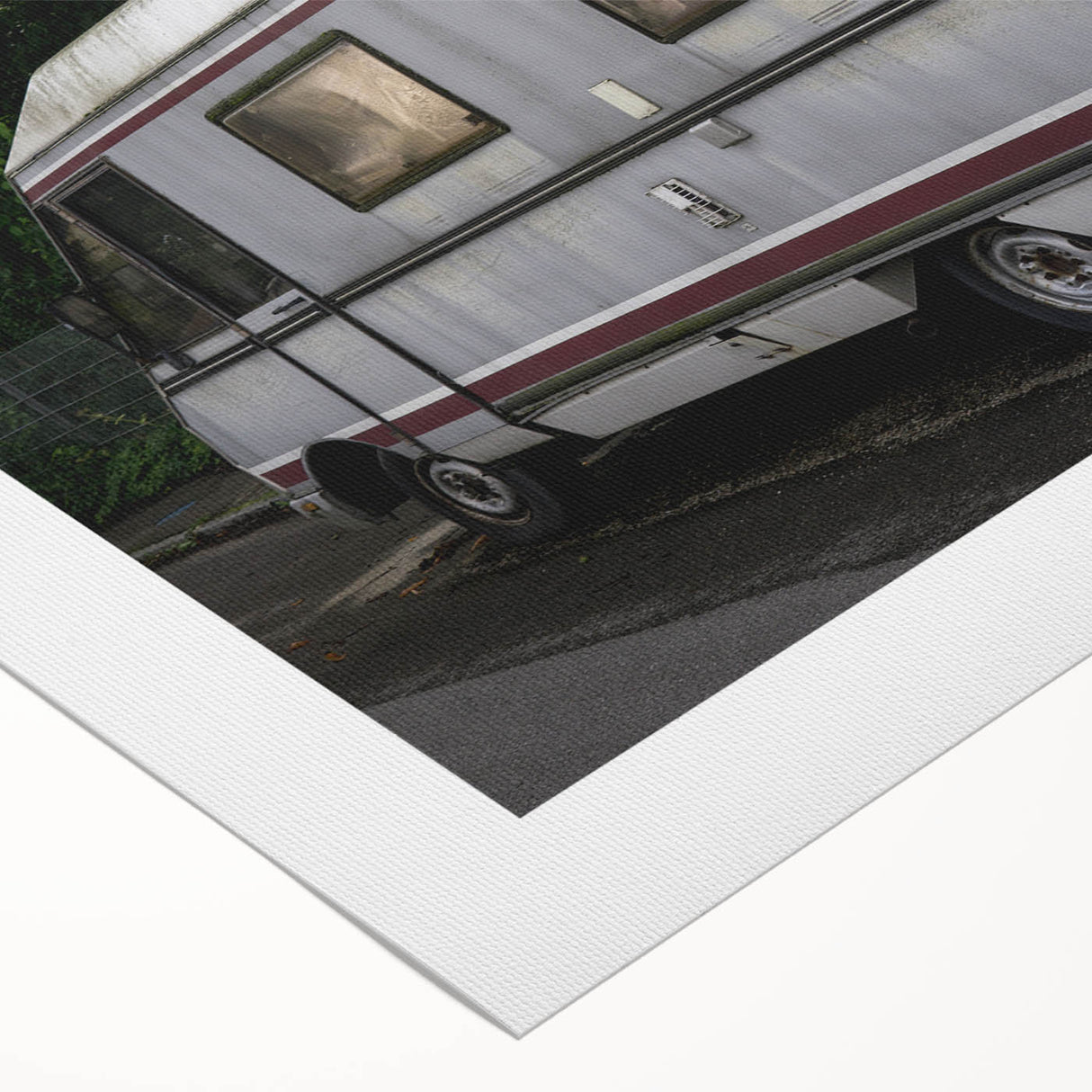 Art deco poster featuring a vintage caravan in muted earth tones on rolled canvas, suitable for dining room decor.