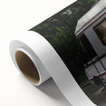 Art deco style caravan depicted in muted pastel colors on a rolled canvas, ideal for nursery wall art.