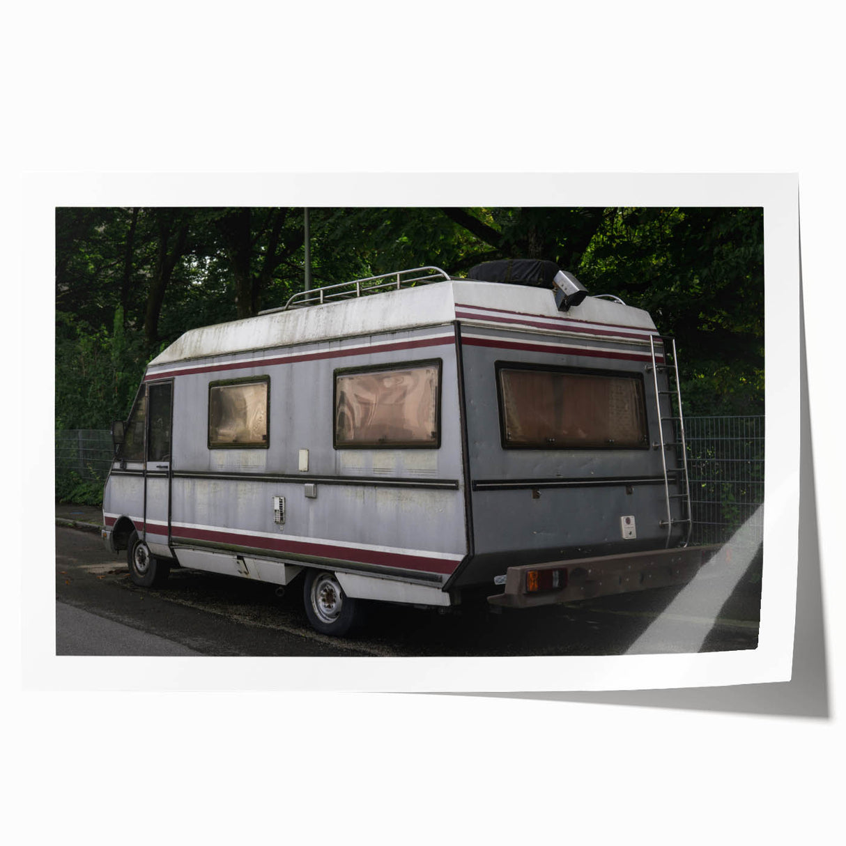 Extra large rolled print of a vintage caravan in muted earth tones, ideal for art wall dining room.