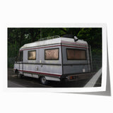Extra large rolled print of a vintage caravan in muted earth tones, ideal for art wall dining room.