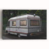 Black and white photo of a vintage caravan on stretched canvas, suitable for kitchen wall art.