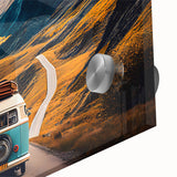 Mid-century modernist acrylic print of abstract vehicles in muted earth tones, suitable as dining room art.