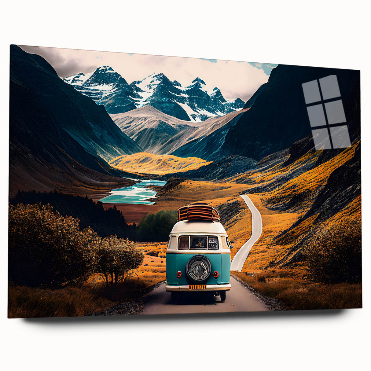 Side view of a caravan depicted in muted earth tones on a large acrylic glass, suitable for bedroom or dining room decor.