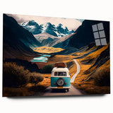 Side view of a caravan depicted in muted earth tones on a large acrylic glass, suitable for bedroom or dining room decor.