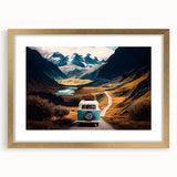 Textured abstract art print of a caravan in muted earth tones on a framed gold mat, ideal for bedroom art.