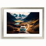 Abstract art print of a caravan in silver and gray tones on a framed mat, suitable for dining room or bedroom decor.