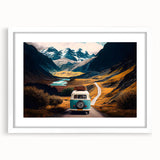 Extra large abstract art print featuring a colorful, textured caravan design on a white framed canvas.
