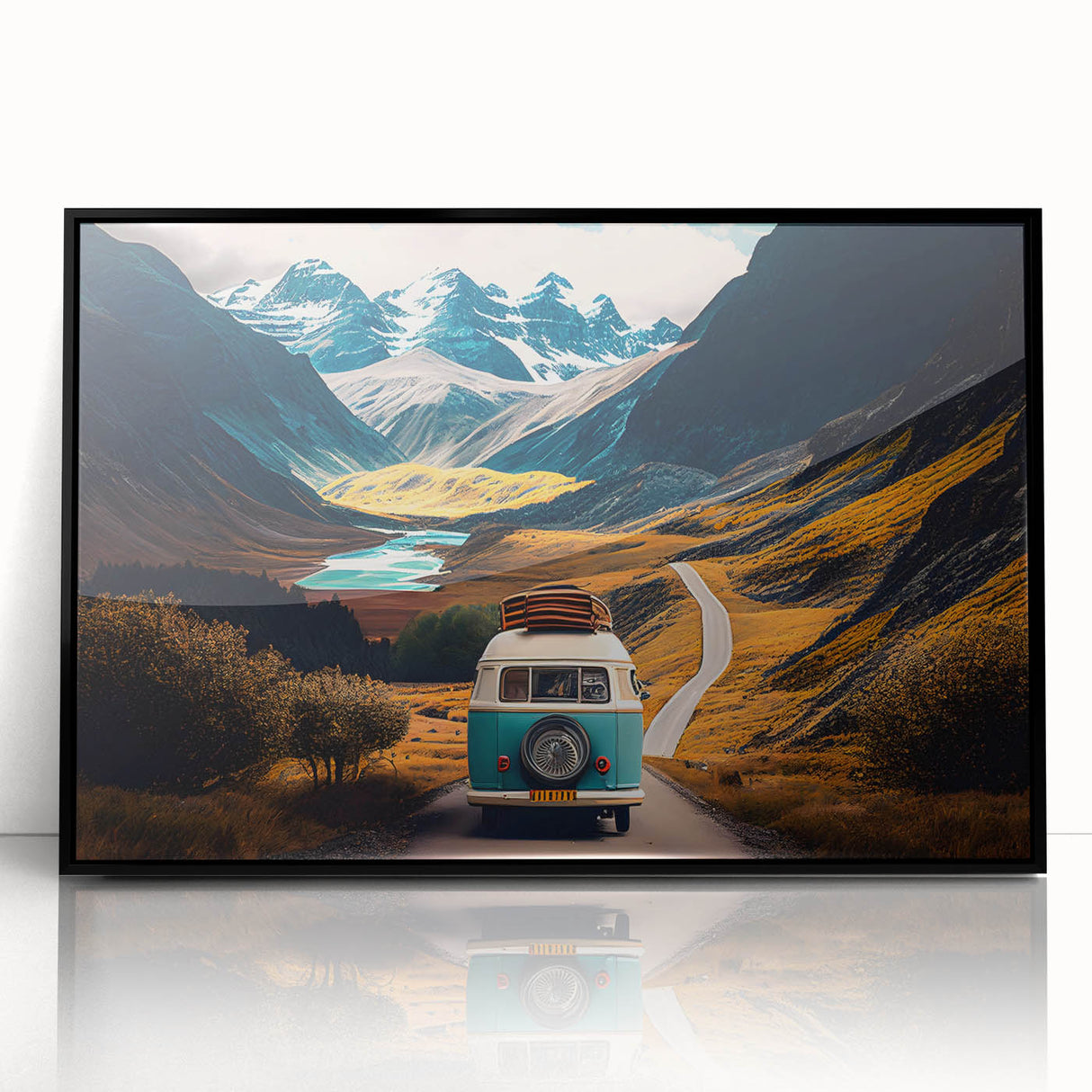Large abstract wall art featuring a caravan in black and white tones, framed in acrylic, suitable for modern art wall decor.