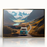 Mid-century modernist art deco poster featuring a caravan, in muted gold and brown tones on acrylic.